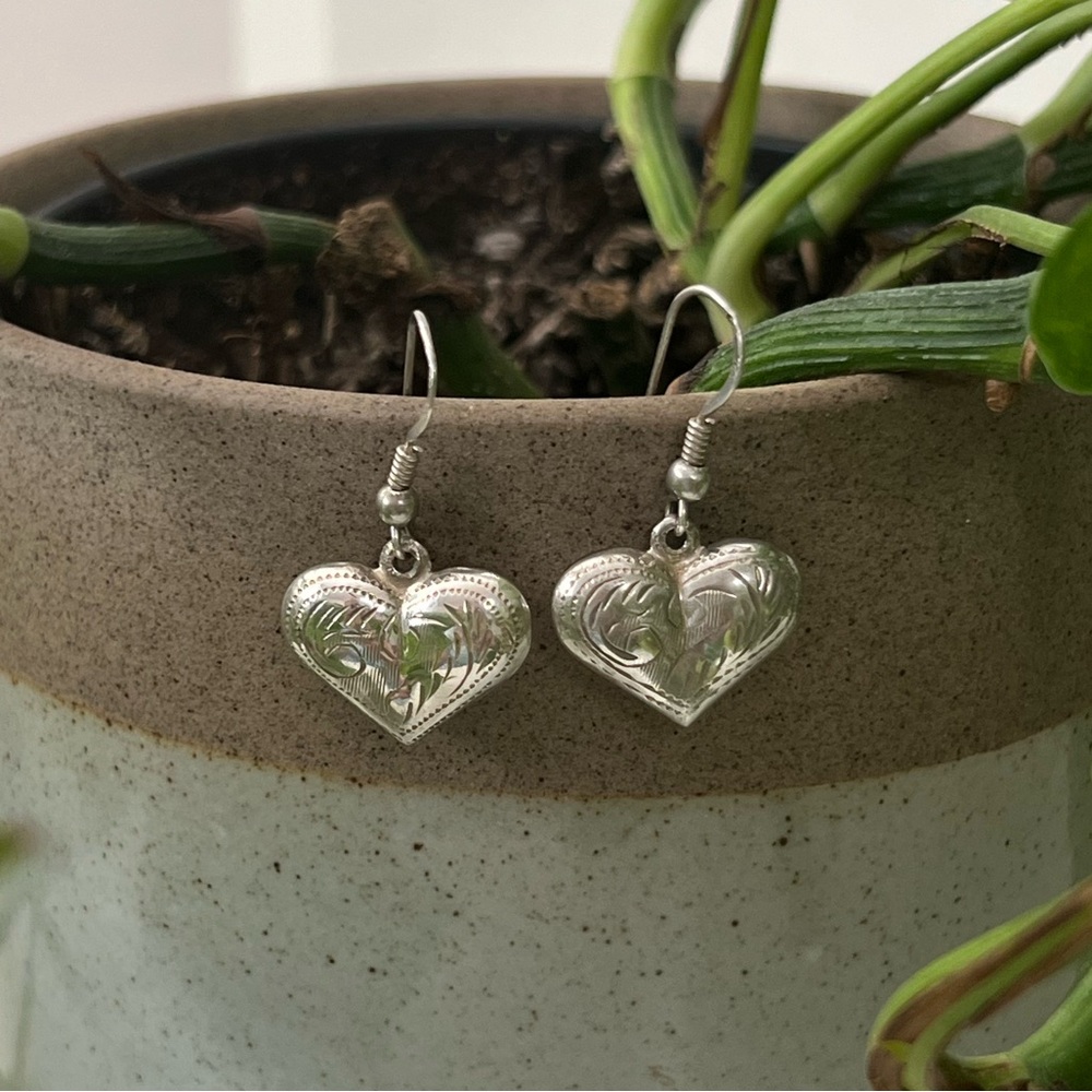 Vintage Sterling Silver Heart Drop Earrings